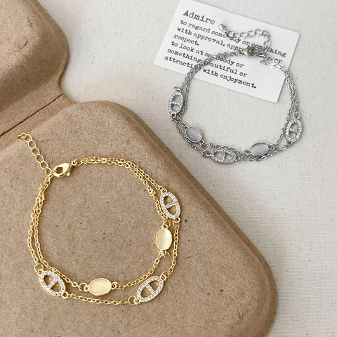 Bracelet Double Couche Cuivre Plaqué Or 14K Pierre Œil De Chat Chaîne Géométrique Zircone Incrusté Bijoux Pour Femmes