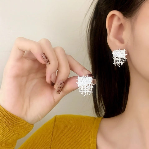 Irregular Geometric Copper Ear Studs Micro Inlaid Zircon Textured Grid Design Niche Style Jewelry For Women