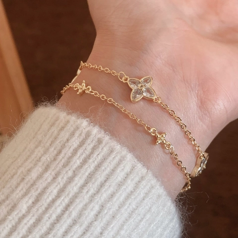 Double Layer Clover Bracelet Copper With Cubic Zirconia Minimalist Fashion Light Luxury Accessory For Women