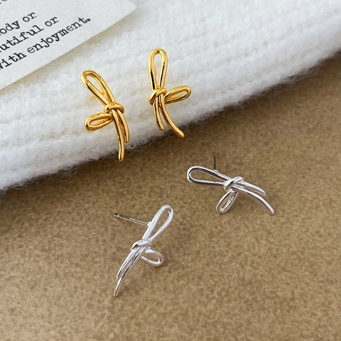 Minimalist Bowknot Stud Earrings Copper 18K Gold Plated Delicate Ribbon Knot Design With 925 Sterling Silver Earring Post