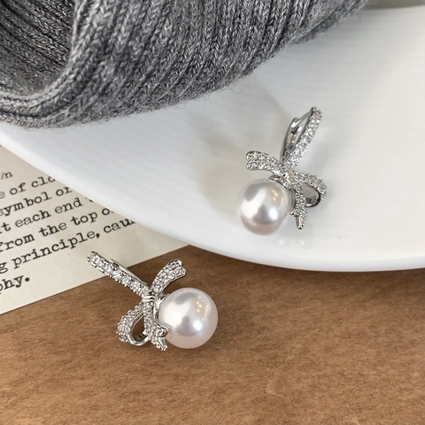 Elegant Bow Artificial Pearl Drop Earrings Micro Paved Zircon Copper Jewelry For Women Sweet Fashion Accessories