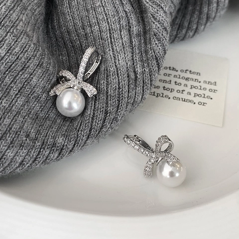 Elegant Bow Artificial Pearl Drop Earrings Micro Paved Zircon Copper Jewelry For Women Sweet Fashion Accessories