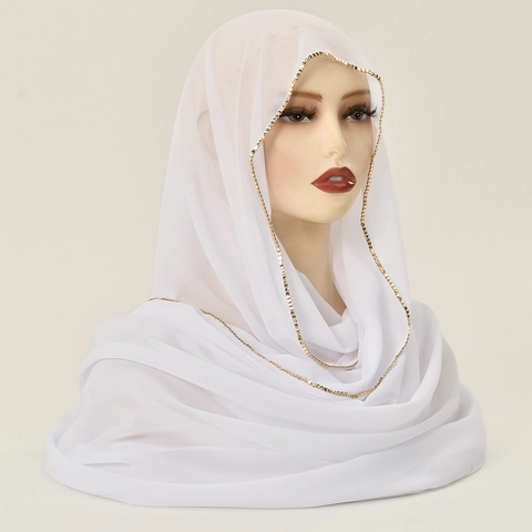 Women Chiffon Hijab Scarf With Gold Chain Beaded Trim Solid Color Lightweight Breathable Shawl Wrap Headscarf Elegant