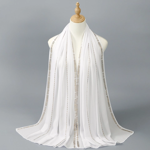 Elegant Chiffon Hijab Scarf For Women With Rhinestones Beads Long Lightweight Solid Color Ethnic Shawl Wrap