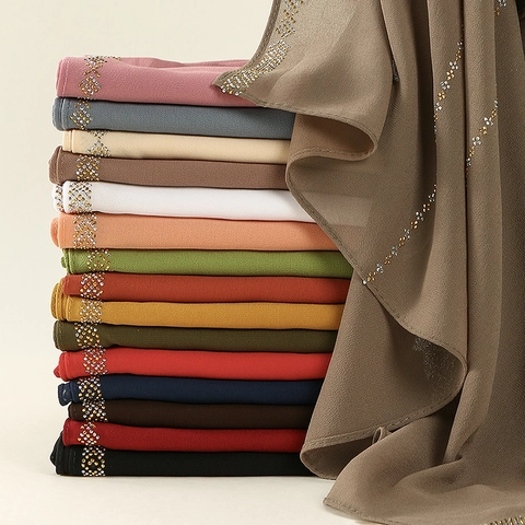Elegant Chiffon Hijab Scarf For Women With Rhinestones Beads Long Lightweight Solid Color Ethnic Shawl Wrap