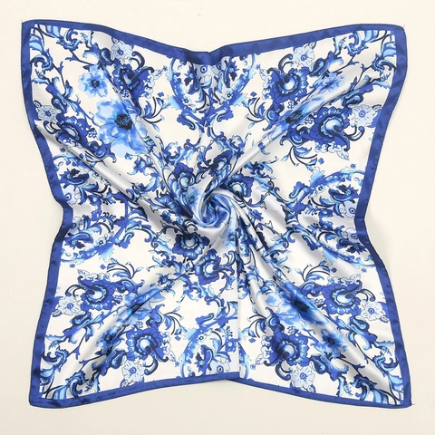 Women Elegant Floral Print Square Scarf Satin Like Satin Texture Neck Head Bandana Lightweight Decorative
