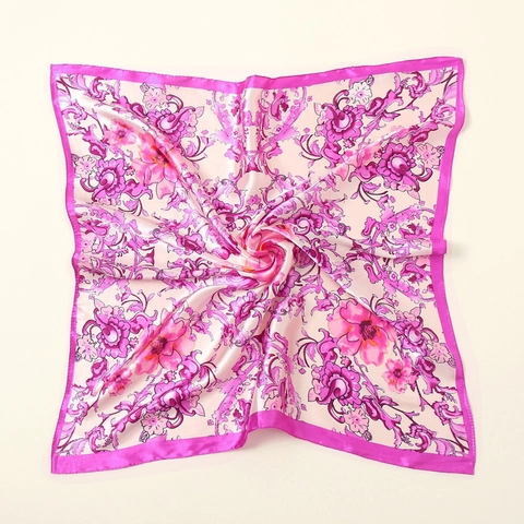 Women Elegant Floral Print Square Scarf Satin Like Satin Texture Neck Head Bandana Lightweight Decorative