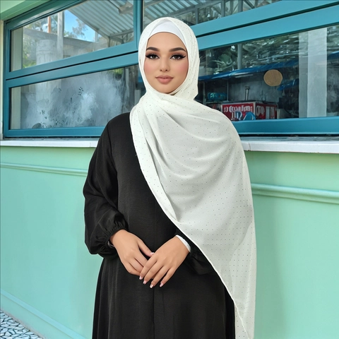 Elegant Women Chiffon Hijab Long Scarf With Sparkly Hot Fix Rhinestone Ethnic Solid Color Lightweight Headscarf
