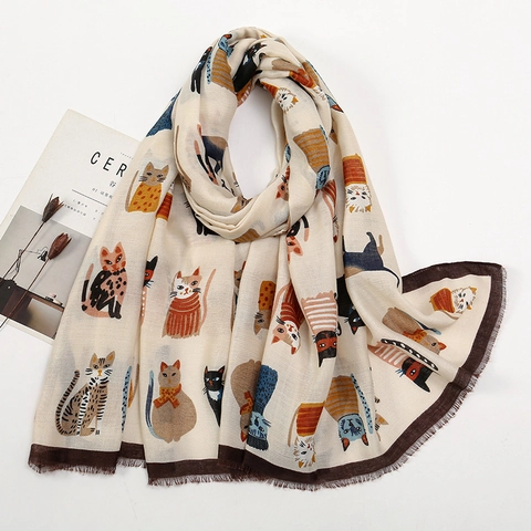 Cartoon Cat Print Long Scarf Shawl Polyester Lightweight Warm Wrap For Women Artistic Style Frayed Edges