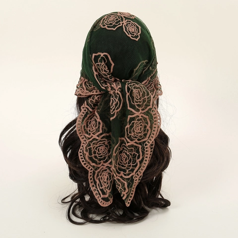 Foulard in Rete con Ricamo a Rosa da Donna Vintage in Pizzo Floreale Quadrato Moda Fascia per Capelli Bandana Elegante
