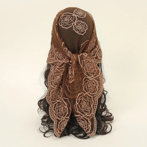 Women Fashion Floral Embroidered Lace Polyester Scarf Triangle Head Scarf Sheer Mesh Shawl Daily Headband