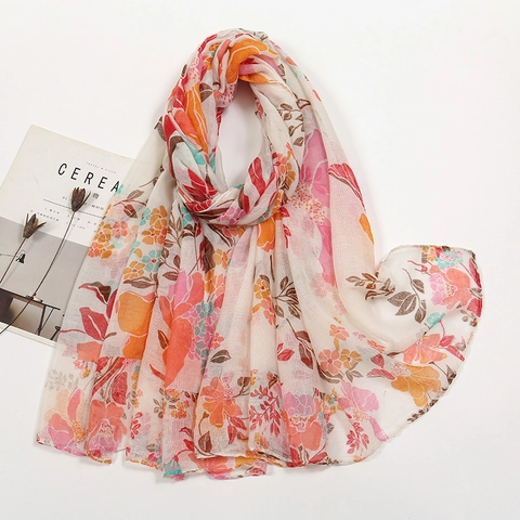 Écharpe Longue pour Femmes en Voile de Polyester Léger Châle Imprimé Floral Mode Doux Tour de Cou Élégants Accessoires Quotidiens