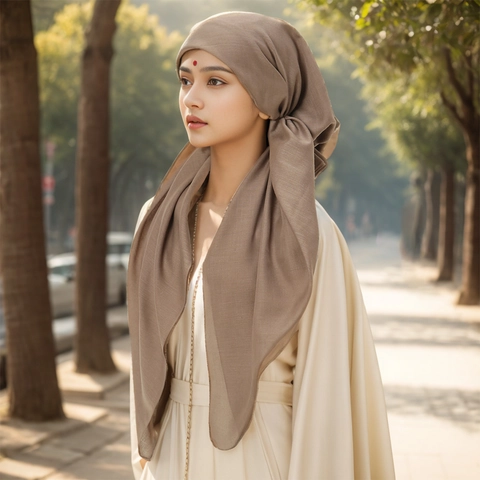 Women Muslim Hijab Turban Cap Mercerized Cotton Elastic Back Headscarf Two Tails Ethnic Style Solid Color Breathable