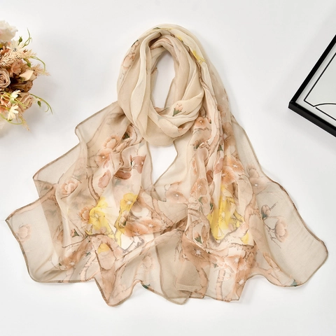 Dames Mode Chiffon Sjaal Zonbescherming Omslagdoek Bloemenprint Lichtgewicht Georgette Strandlaken Elegante Lange Sjaal Voor Lente Zomer Accessoire