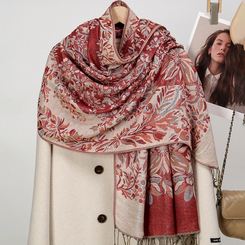 Sciarpa Scialle Jacquard Floreale Etnico Da Donna Con Nappine Retro Lungo Poliestere Pashmina Caldo Accessoire