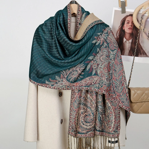 Women Paisley Jacquard Scarf Shawl Polyester Retro Ethnic Tassels Long Wrap For Autumn Winter All Seasons