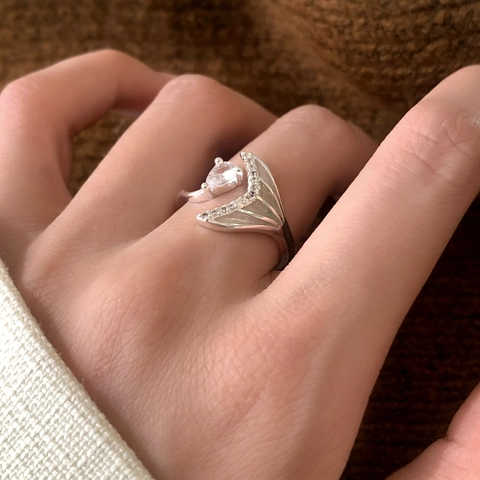 Anello Aperto Coda Di Sirena Rame Argentato Zircone Goccia Gioielli Eleganti Regolabili Per Donne