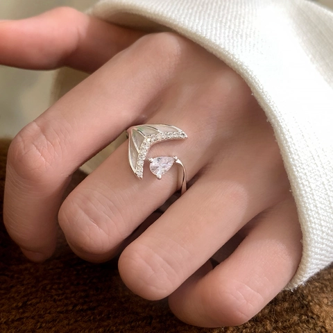 Anello Aperto Coda Di Sirena Rame Argentato Zircone Goccia Gioielli Eleganti Regolabili Per Donne