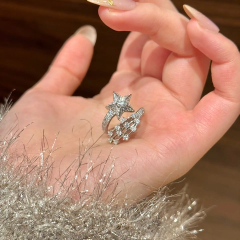 Sparkling Cubic Zirconia Star Open Ring Dainty Brass Meteor Adjustable Jewelry For Women Fashion Accessory
