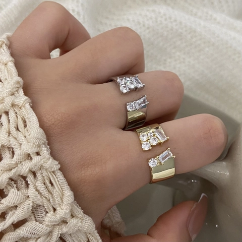 Geometric Open Ring Copper Wide Band Inlaid Rectangular Round Zircon For Women Adjustable Fashion Jewelry