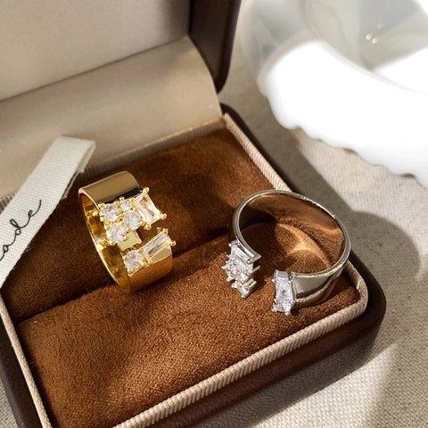 Geometric Open Ring Copper Wide Band Inlaid Rectangular Round Zircon For Women Adjustable Fashion Jewelry