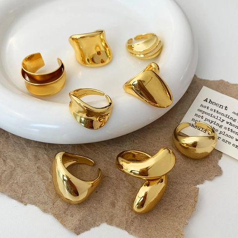 Anillo Abierto Ajustable Para Mujer Cobre Chapado En Oro Onda Irregular Metal Fundido Minimalista Joyería De Dedo Brillante
