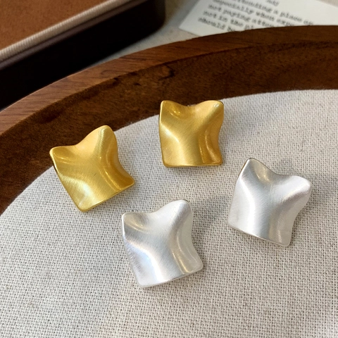 Irregular Wavy Square Stud Earrings With Copper Earring Post Brushed Metal Texture Geometric Minimalist Jewelry For Women