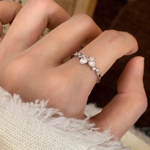 Butterfly Artificial Pearl Ring With Zircon Inlay Adjustable Open Design Elegant Jewelry For Women Fashion Accessory
