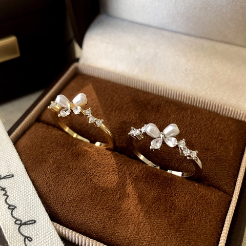 Butterfly Artificial Pearl Ring With Zircon Inlay Adjustable Open Design Elegant Jewelry For Women Fashion Accessory