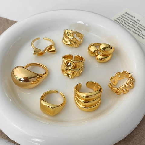 Gold Plated Copper Ring Adjustable Open Geometric Minimalist Lava Texture Statement Fashion Jewelry For Women Luxury Design