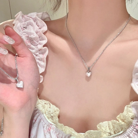 Collar Con Colgante De Corazón Y Pendientes Con Incrustaciones De Concha Y Esmalte Plateado Para Mujer
