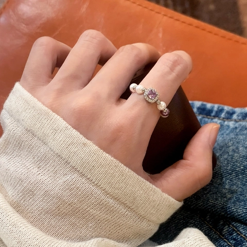 Beaded Artificial Pearl Ring With Square Zircon Halo Elegant Elastic Finger Band For Women Minimalist Light Luxury Jewelry