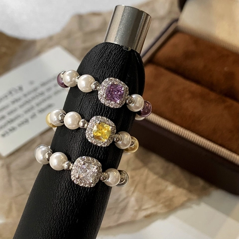 Beaded Artificial Pearl Ring With Square Zircon Halo Elegant Elastic Finger Band For Women Minimalist Light Luxury Jewelry