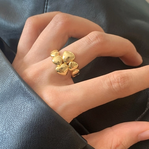 Adjustable Heart Ring Copper 18K Gold Plated Stacked 3D Hearts Mirror Polished Minimalist Niche Jewelry For Women