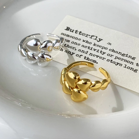 Adjustable Heart Ring Copper 18K Gold Plated Stacked 3D Hearts Mirror Polished Minimalist Niche Jewelry For Women