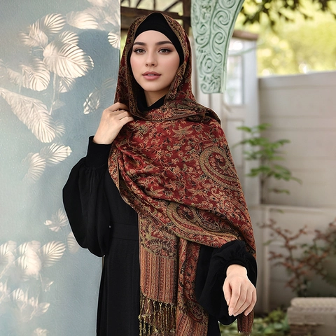 Women Retro Paisley Shawl Ethnic Jacquard Scarf With Tassels Bohemian Warm Winter Long Wrap Polyester Pashmina