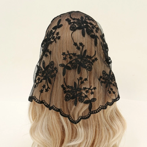 Floral Embroidery Lace Triangle Scarf Bridal Veil For Women Church Mantilla Elegant French Vintage Mesh Wrap Hair Accessory