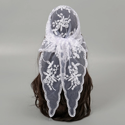 Floral Embroidery Lace Triangle Scarf Bridal Veil For Women Church Mantilla Elegant French Vintage Mesh Wrap Hair Accessory
