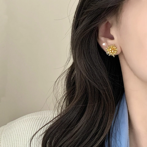 Elegant Fireworks Sunburst Zircon Stud Earrings And White Faux Artificial Pearl For Women Copper Earring Post Jewelry