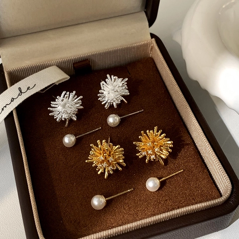 Elegant Fireworks Sunburst Zircon Stud Earrings And White Faux Artificial Pearl For Women Copper Earring Post Jewelry