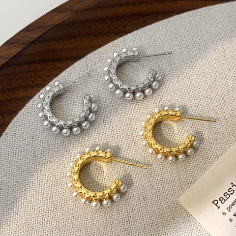 Franse Vintage C Hoop Oorbellen Retro Koperlegering Kleine Kunstparels Studs Voor Vrouwen Elegante Luxe Sieraden