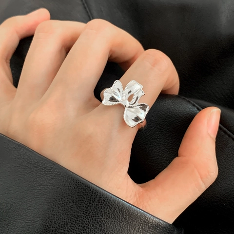 French Style Elegant Bowknot Adjustable Open Ring With Beaded Edge Copper Jewelry For Women Sweet Individual Hand Accessory
