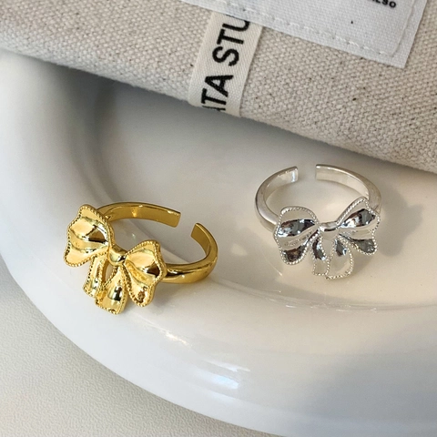 French Style Elegant Bowknot Adjustable Open Ring With Beaded Edge Copper Jewelry For Women Sweet Individual Hand Accessory