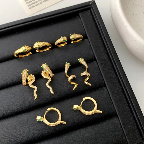 Orecchini A Cerchio A Serpente Rame Placcato Oro Occhi In Zirconia Cubica Verde Gioielli Per Donna Moda Stile Vintage