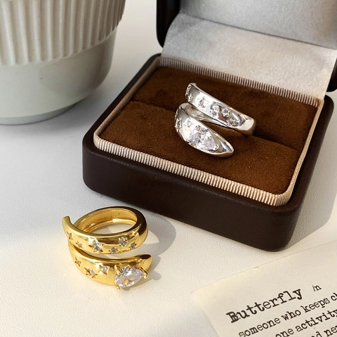 French Vintage Design Gold Plated Copper Ring With Pear Cut Clear Zircon And Engraved Star Adjustable Open Ring For Women