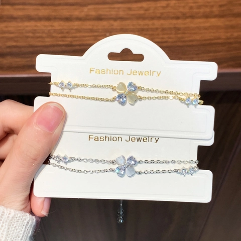 Clover Flower Double Layer Bracelet For Women Copper With Zircon And Cat Eye Stone Adjustable Bolo Chain Hand Jewelry
