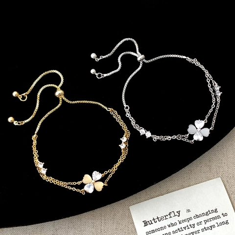Clover Flower Double Layer Bracelet For Women Copper With Zircon And Cat Eye Stone Adjustable Bolo Chain Hand Jewelry