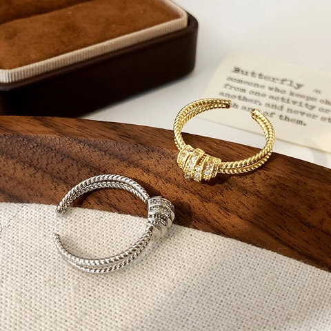 Twisted Rope Open Ring Copper Pavé Zircon Knot Double Layer Adjustable Minimalist Elegant Fashion Jewelry Women