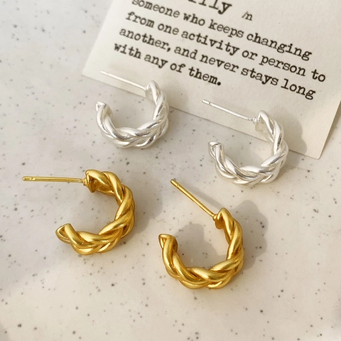 Orecchini A Cerchio A Corda Intrecciata Minimalista Rame Opaco Trecciato Forma C Gioielli Geometrici Donne Vintage
