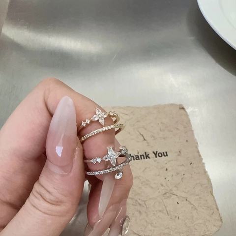 Double Layer Star Open Ring Copper Cubic Zirconia Marquise Cut Adjustable Jewelry For Women Elegant Minimalist